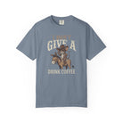 Blue unisex t-shirt with a distressed graphic of a cowboy rat riding a donkey, holding coffee.
