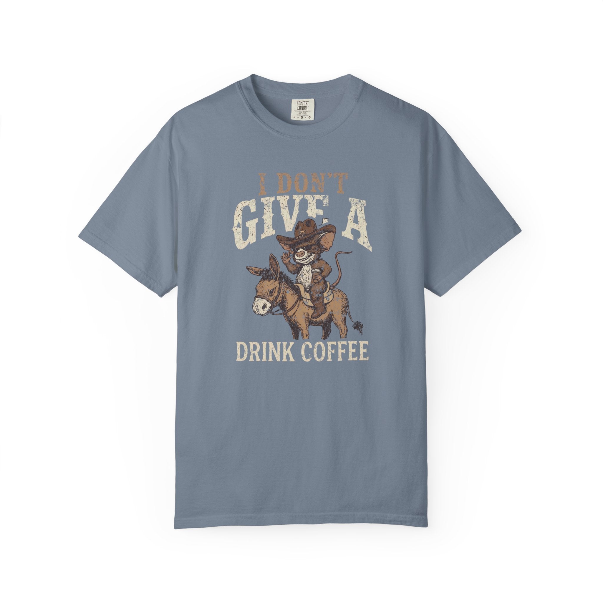 Blue unisex t-shirt with a distressed graphic of a cowboy rat riding a donkey, holding coffee.