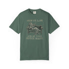 Green Comfort Colors 1717 t-shirt with a vintage coffee bean graphic and text print.