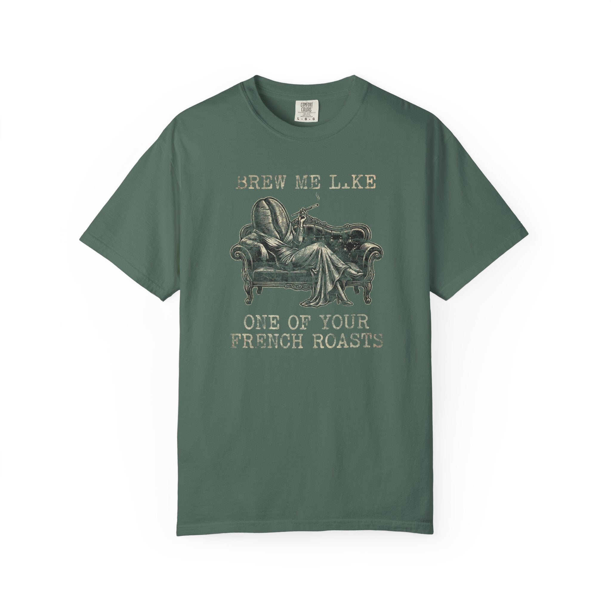 Green Comfort Colors 1717 t-shirt with a vintage coffee bean graphic and text print.
