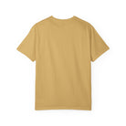 Back view of a plain, mustard-yellow short-sleeve t-shirt.