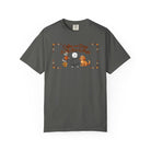 Charcoal grey t-shirt featuring a stick figure with a dog and coffee mugs graphic.