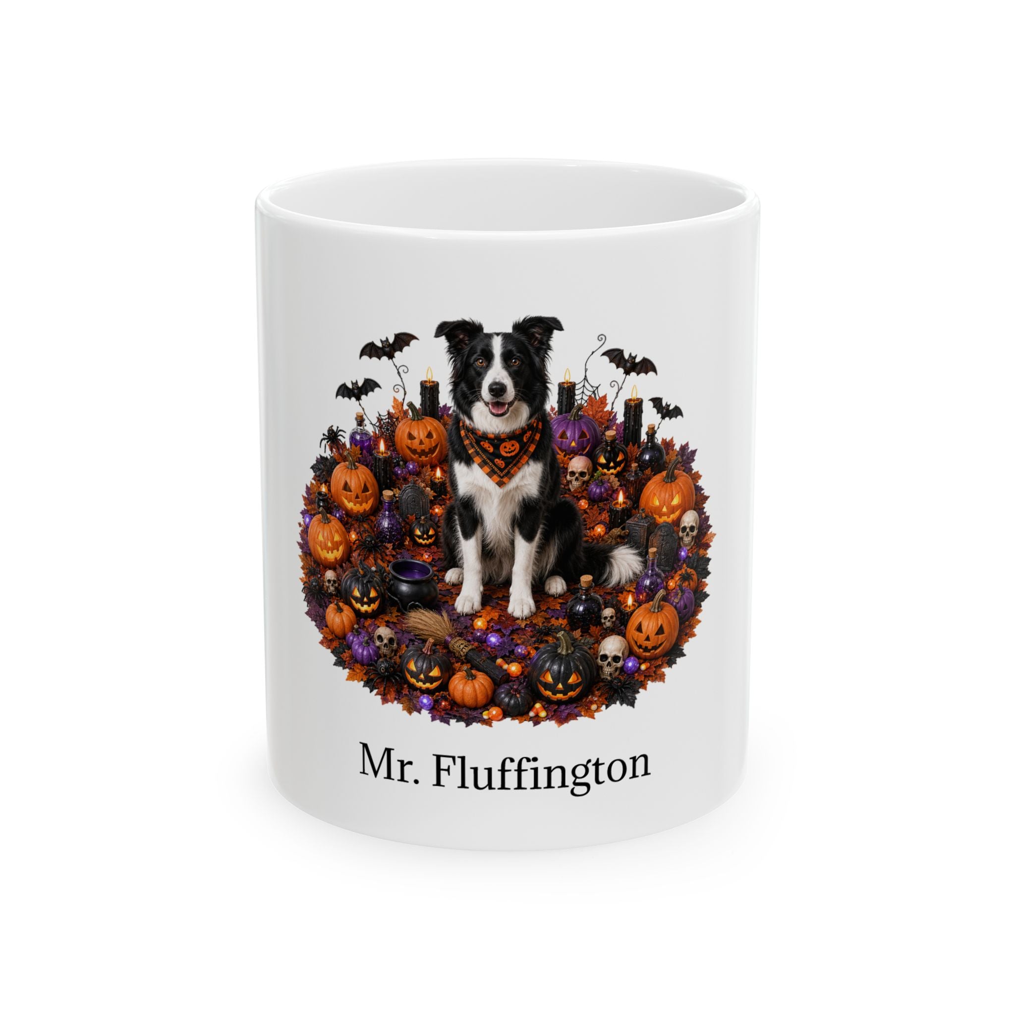 Personalized Border Collie Halloween mug with custom dog name, front product view