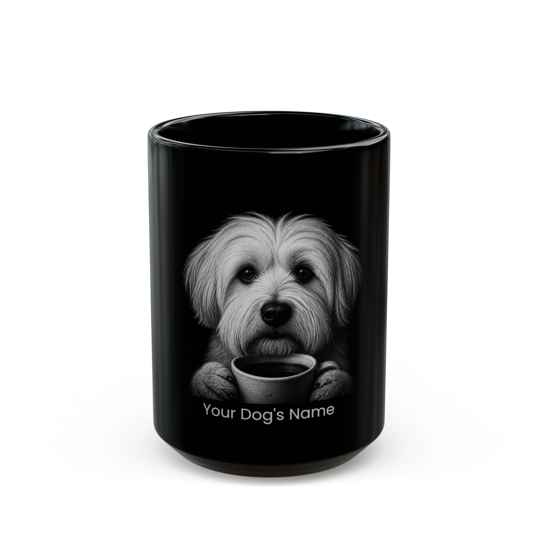 Personalized Coton de Tulear black ceramic coffee mug with custom dog name