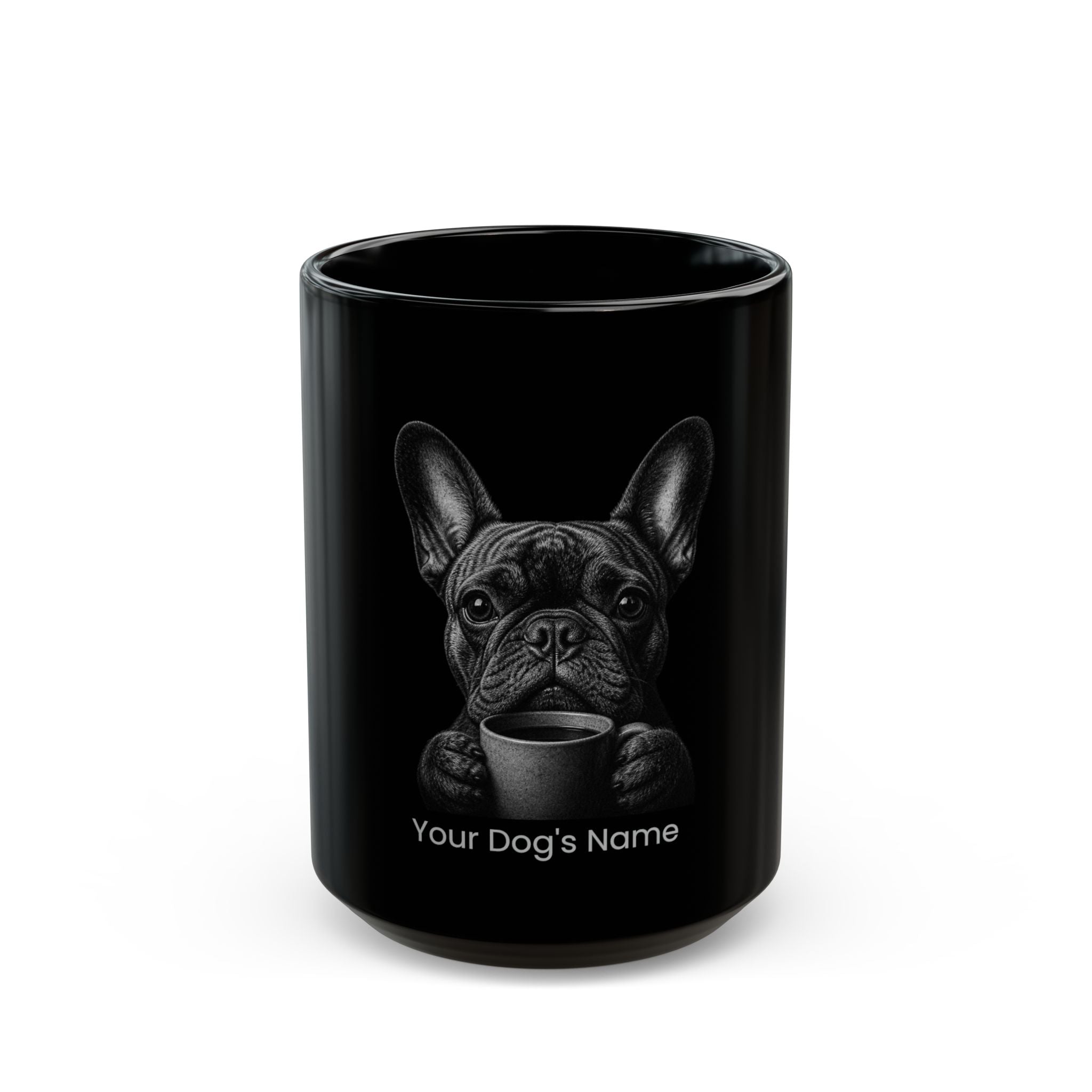 Personalized French Bulldog black ceramic coffee mug with custom dog name