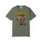 Olive green t-shirt featuring a graphic of a zombie coffee mug with sneakers and coffee beans.