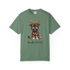 Green Comfort Colors t-shirt with a Yorkie wearing reindeer antlers and Christmas lights.