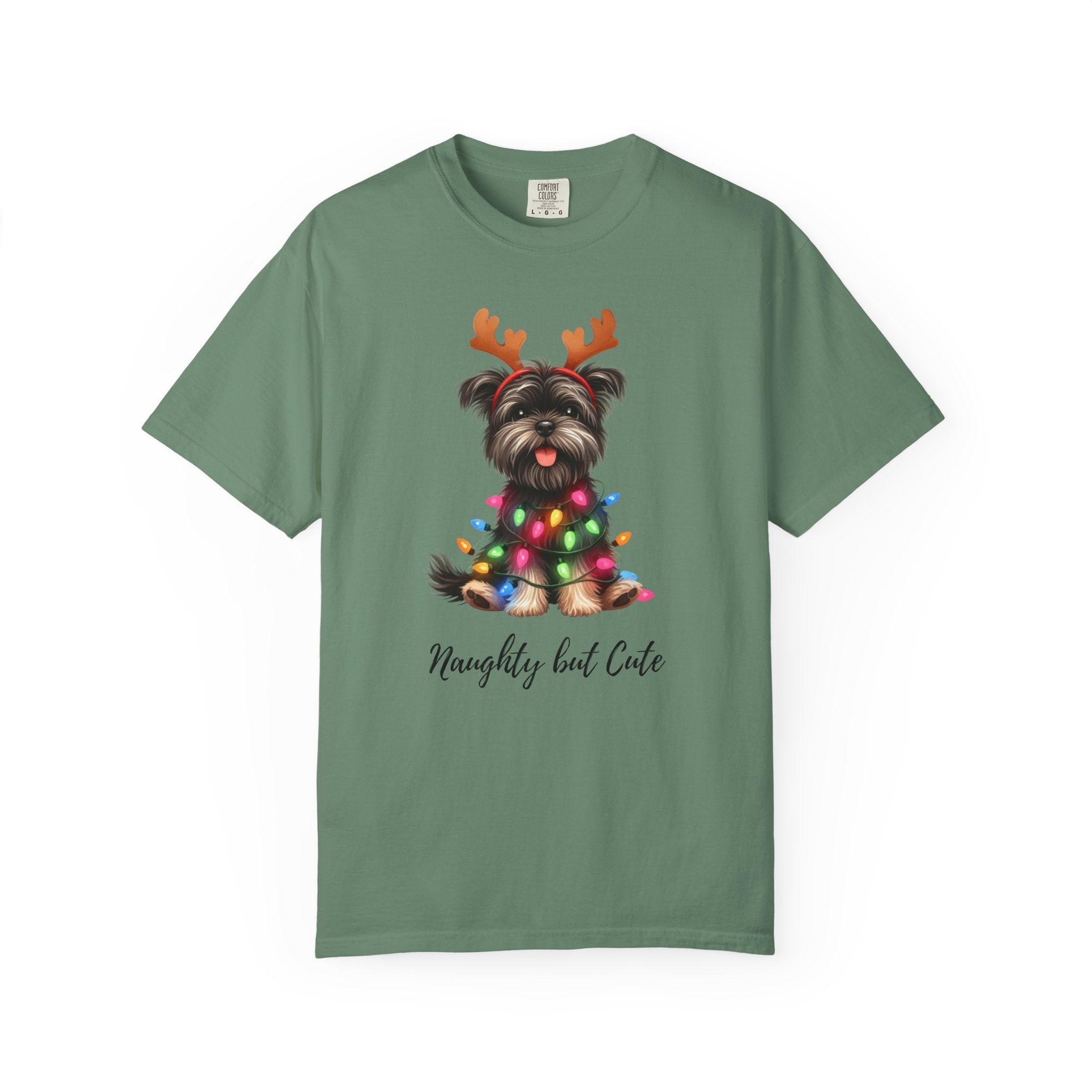 Green Comfort Colors t-shirt with a Yorkie wearing reindeer antlers and Christmas lights.