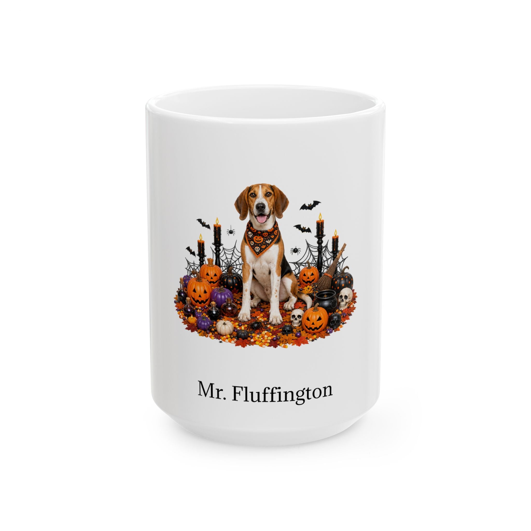 Personalized Harrier dog Halloween mug, 15oz white ceramic, with custom pet name on front