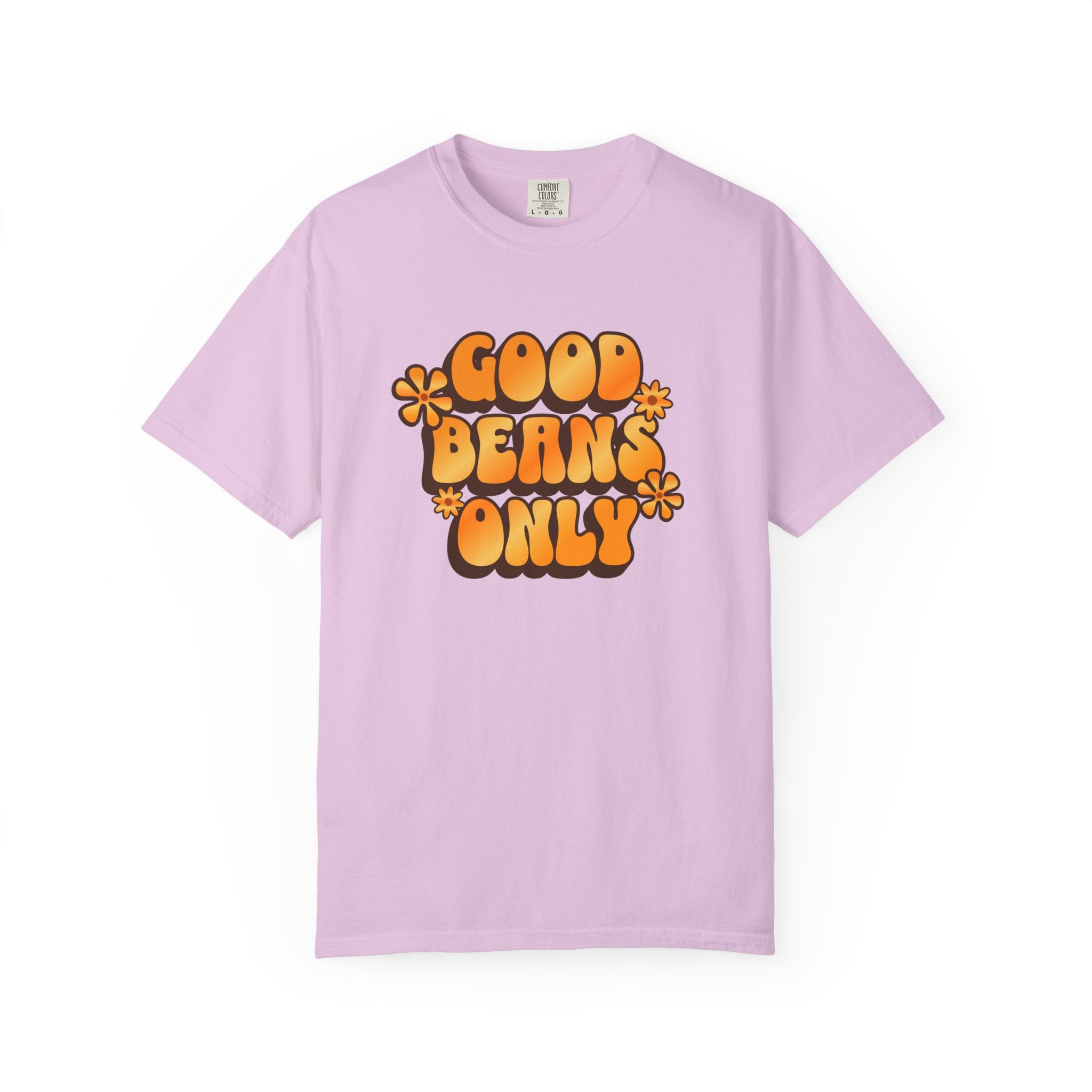 A light purple short-sleeve t-shirt featuring a retro orange graphic that says Good Beans Only.