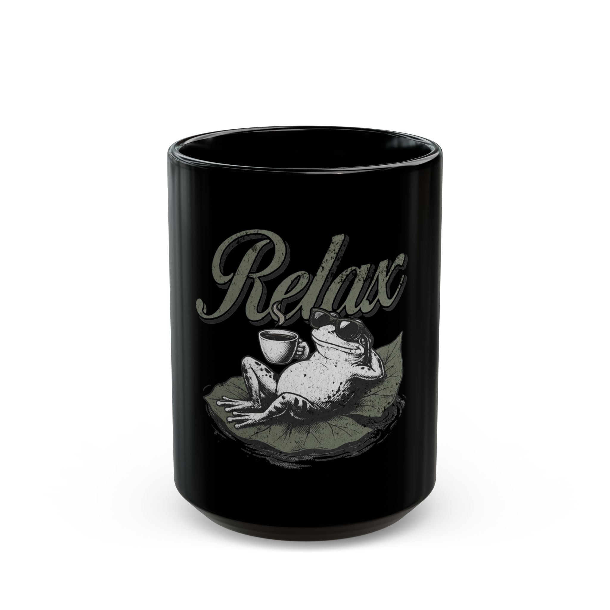 Black ceramic coffee mug featuring a graphic of a frog wearing sunglasses and holding a coffee cup.