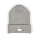A gray knit beanie with a white embroidered coffee cup and steam.
