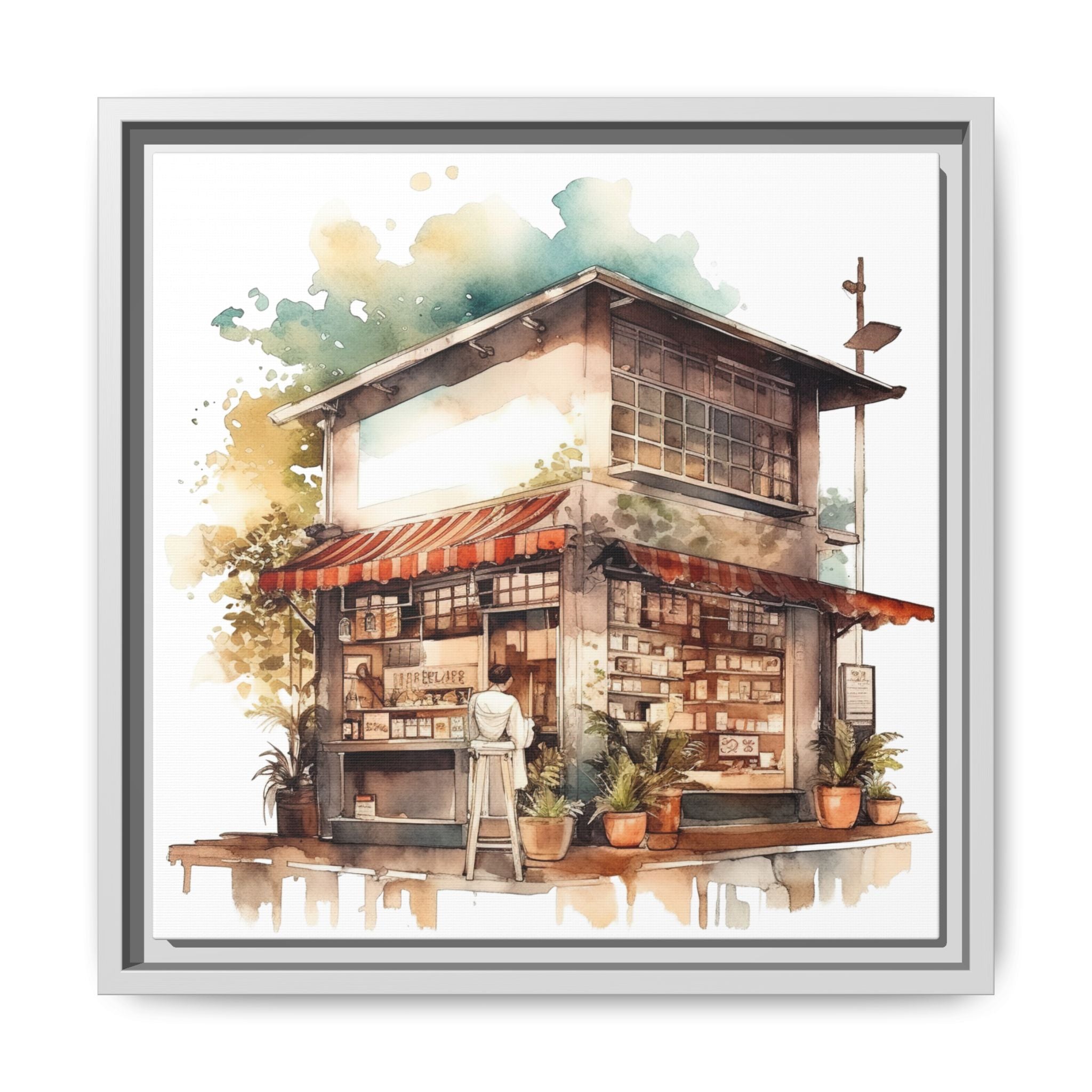 Cozy Street Cafe Watercolor Art – 14x14 Framed Matte Canvas Print