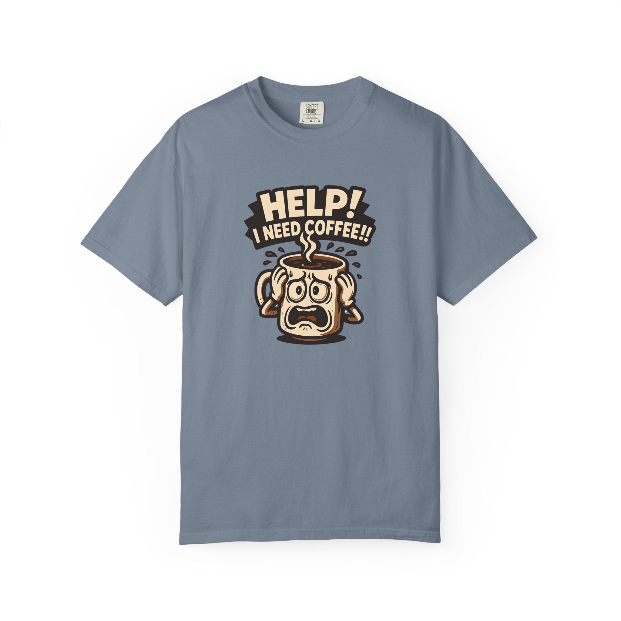 A blue oversized cotton t-shirt featuring a graphic of a panicked coffee mug.
