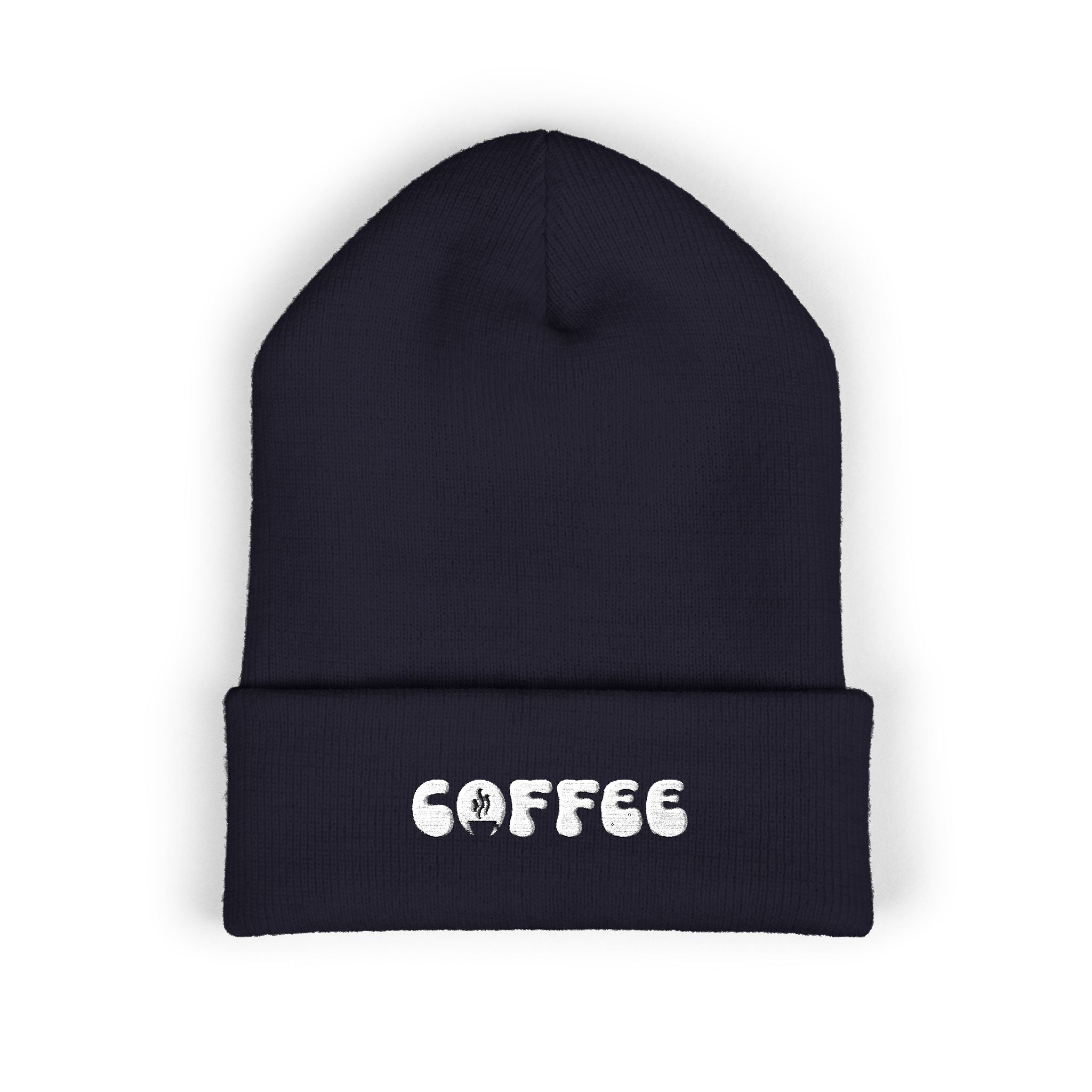 A navy blue cuffed beanie with white embroidered "COFFEE" text.