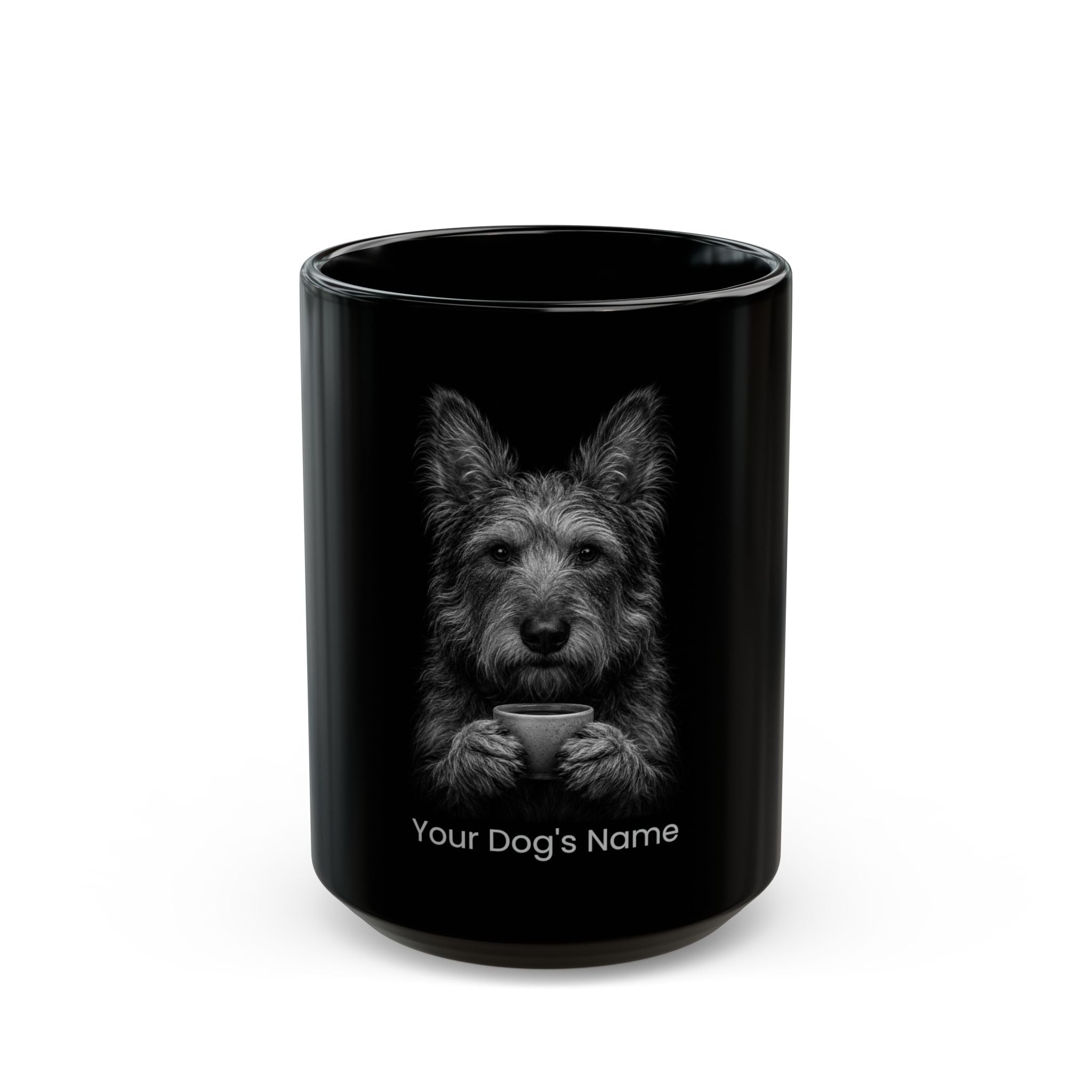 Personalized Berger Picard black ceramic coffee mug with custom dog name