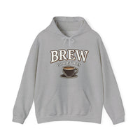 A gray hoodie with "BREW GOOD VIBES" text and a coffee cup graphic.