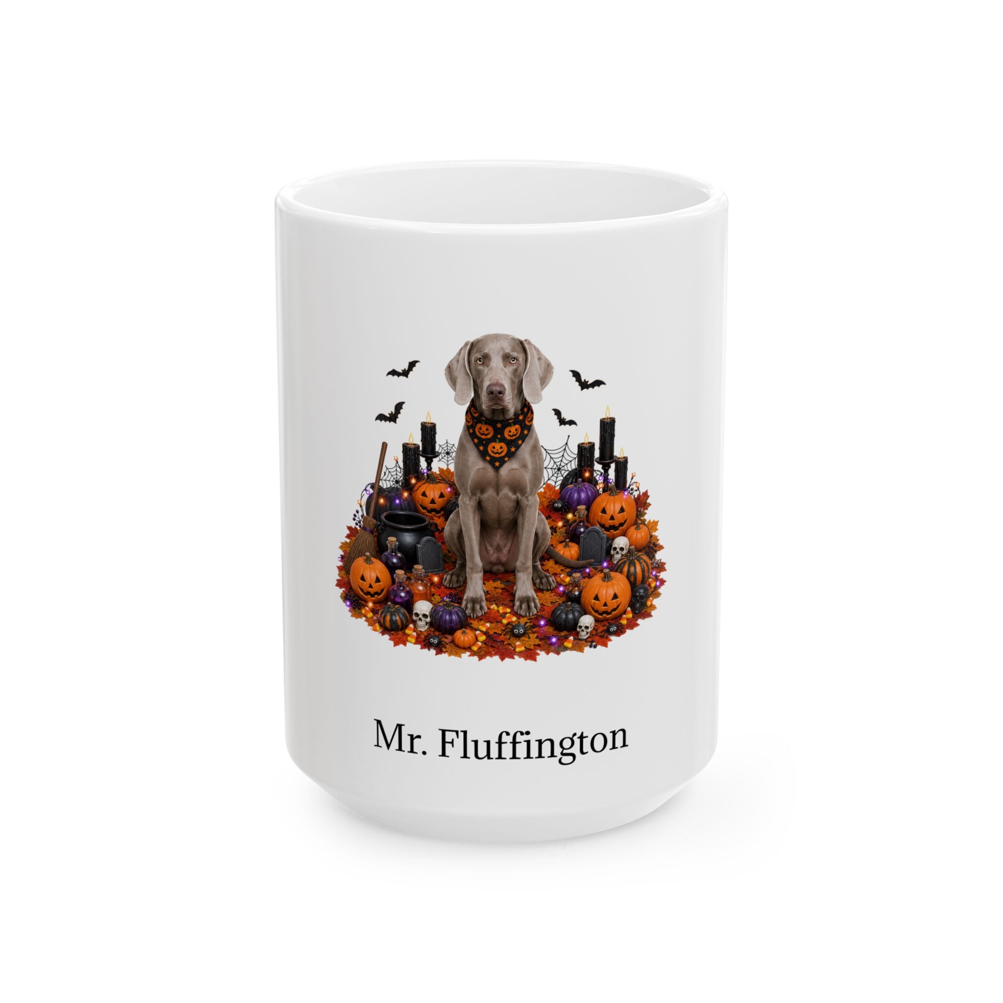 Personalized Weimaraner dog Halloween mug, 15oz white ceramic, with custom pet name on front