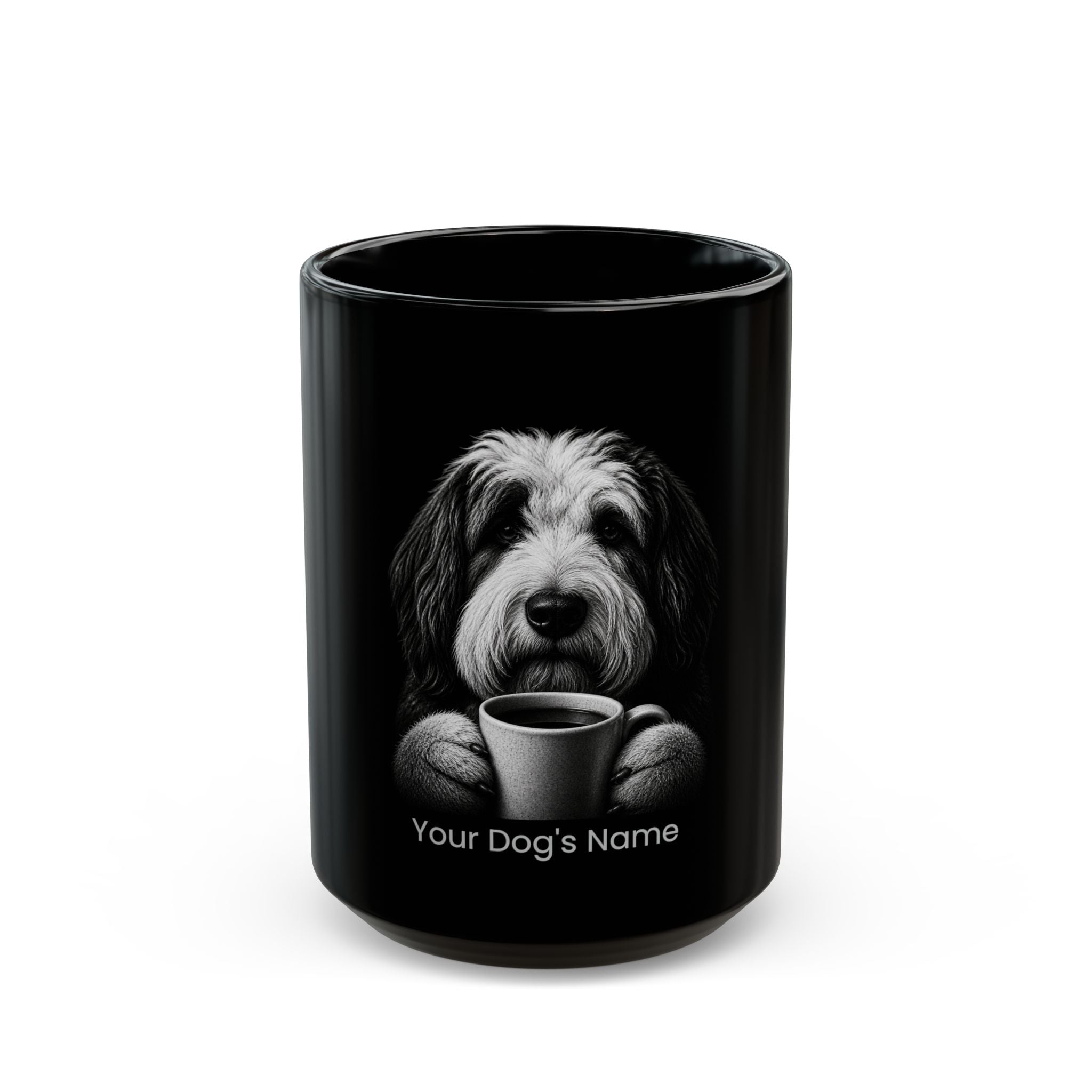 Personalized Old English Sheepdog black ceramic coffee mug with custom dog name