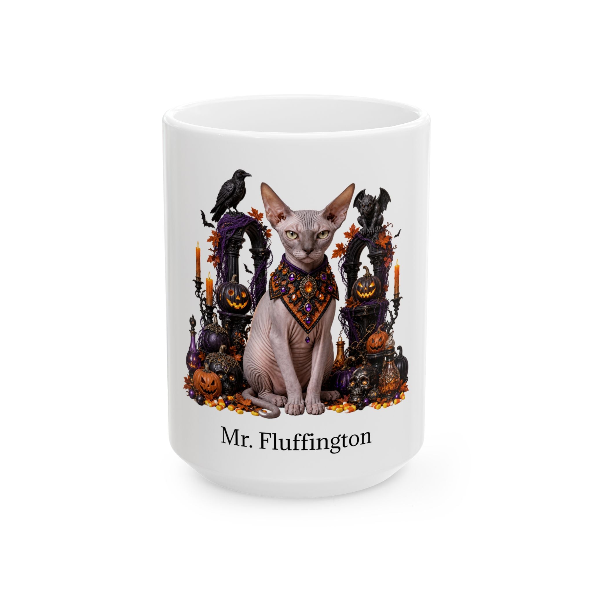 Angled Sphynx cat Halloween mug with personalized pet name and fall design — image 3