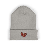 Embroidered coffee bean cuffed beanie in gray knit.