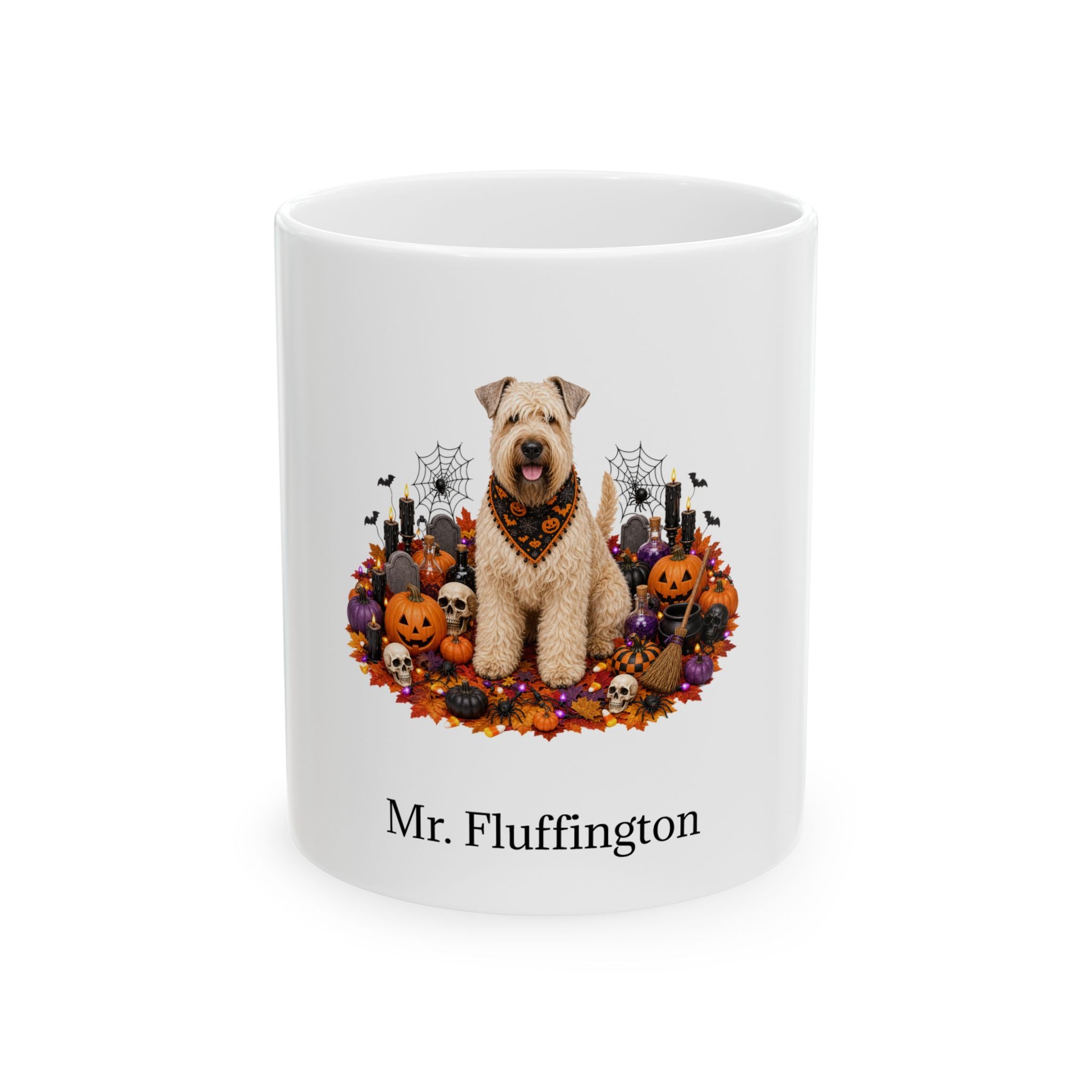 Personalized Soft Coated Wheaten Terrier dog Halloween mug, 15oz white ceramic, with custom pet name on front