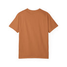 A plain, solid-colored burnt orange t-shirt viewed from the back.