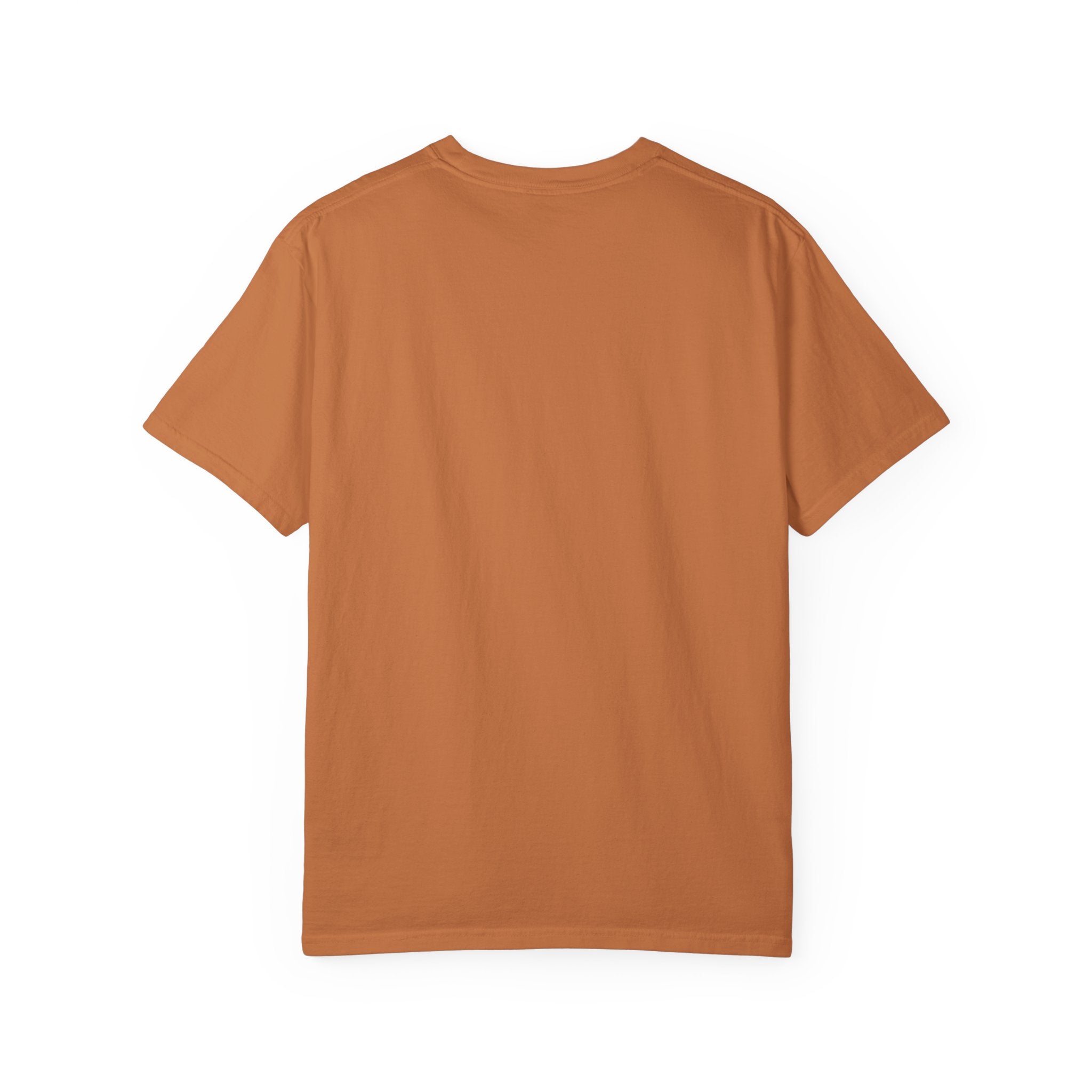 A plain, solid-colored burnt orange t-shirt viewed from the back.