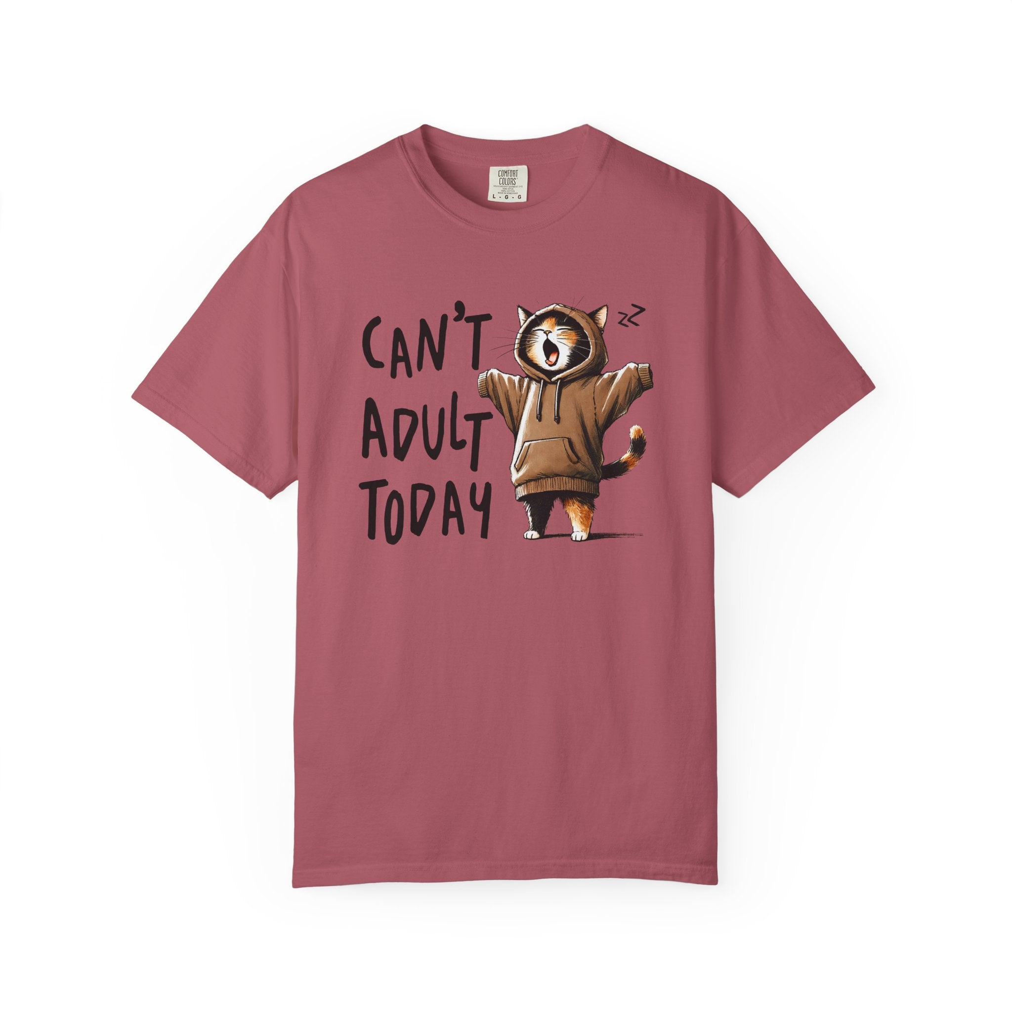 A dusty rose heavyweight cotton t-shirt featuring a graphic of a yawning cat in a hoodie.