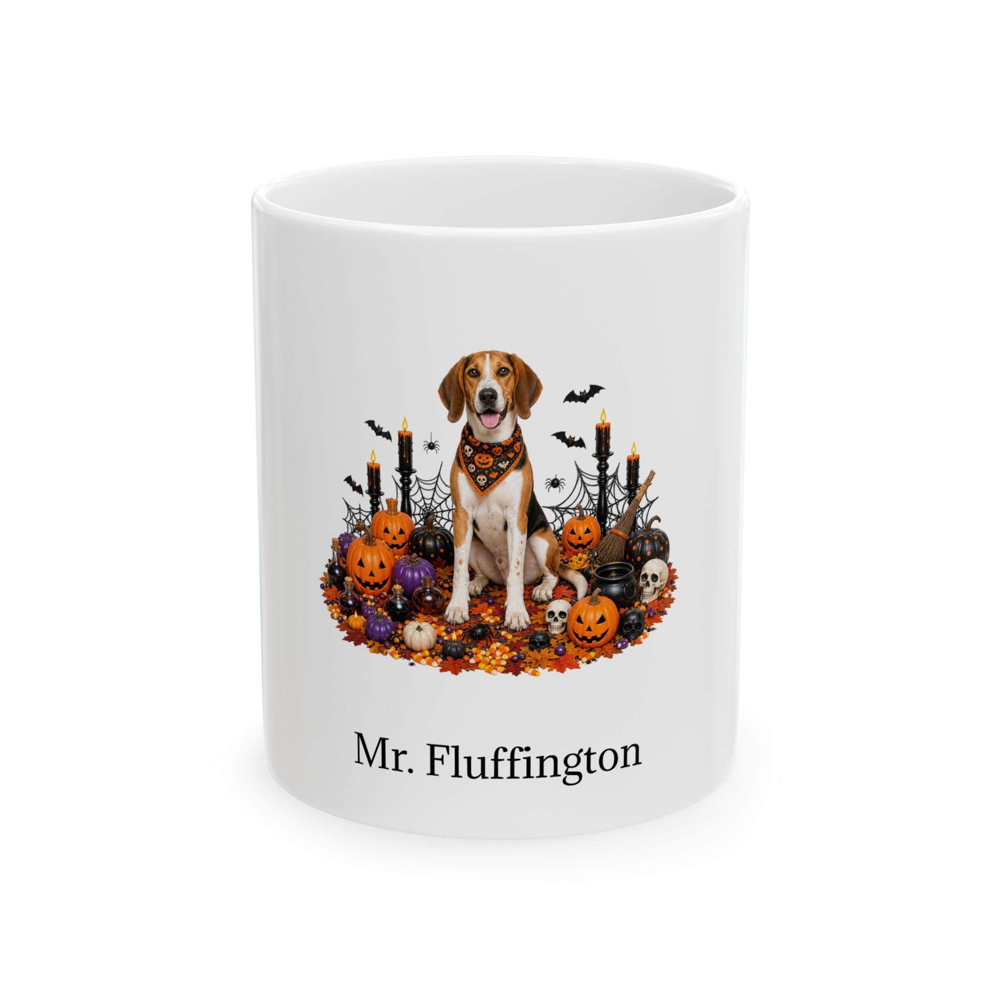 Personalized Harrier dog Halloween mug, 11oz white ceramic, with custom pet name on front