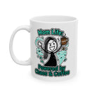 A white ceramic mug featuring a distressed illustration of a woman surrounded by chaotic icons.