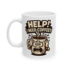 A white ceramic mug featuring a cartoon illustration of a distressed coffee cup with the text HELP.