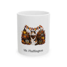 Personalized Calico cat Halloween mug, 11oz white ceramic, with custom pet name on front