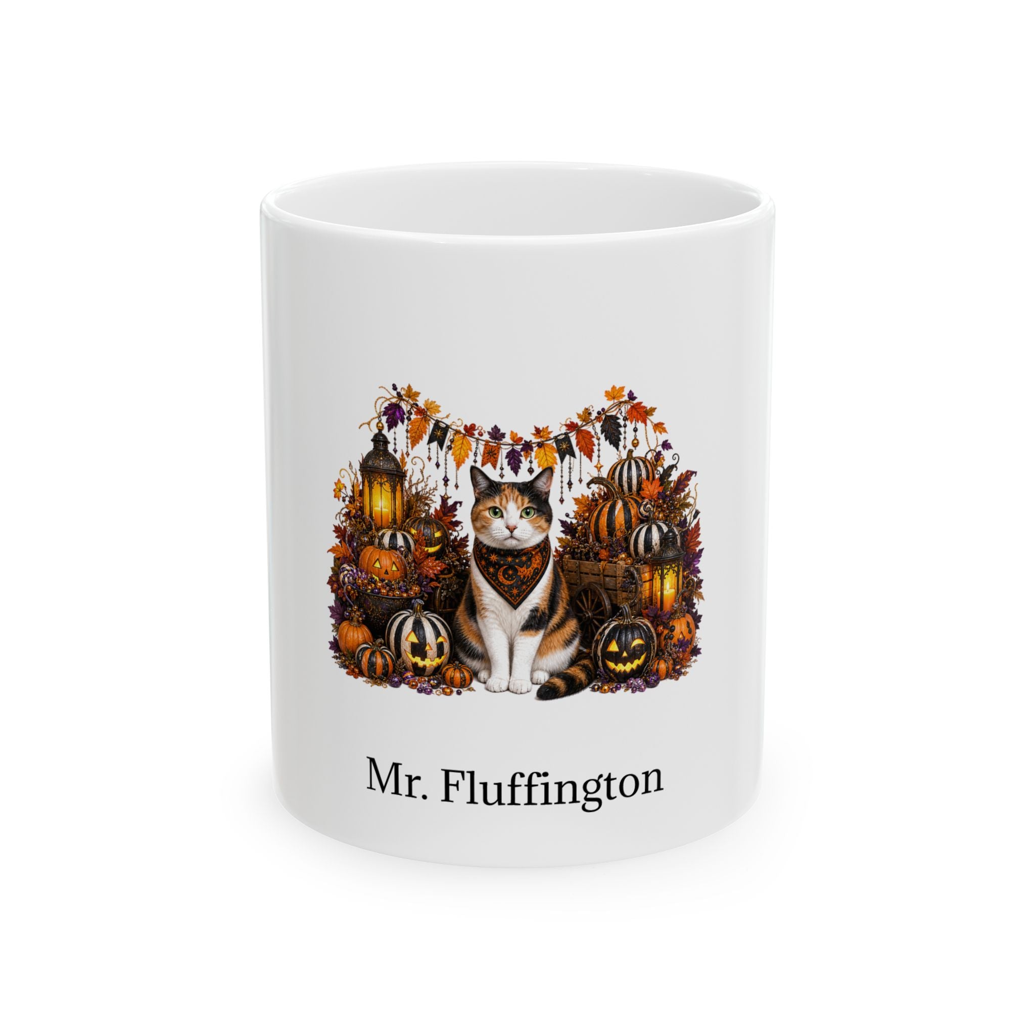 Personalized Calico cat Halloween mug, 11oz white ceramic, with custom pet name on front
