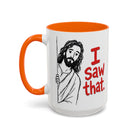 White ceramic mug with an orange handle and interior, featuring a drawing of Jesus peeking.
