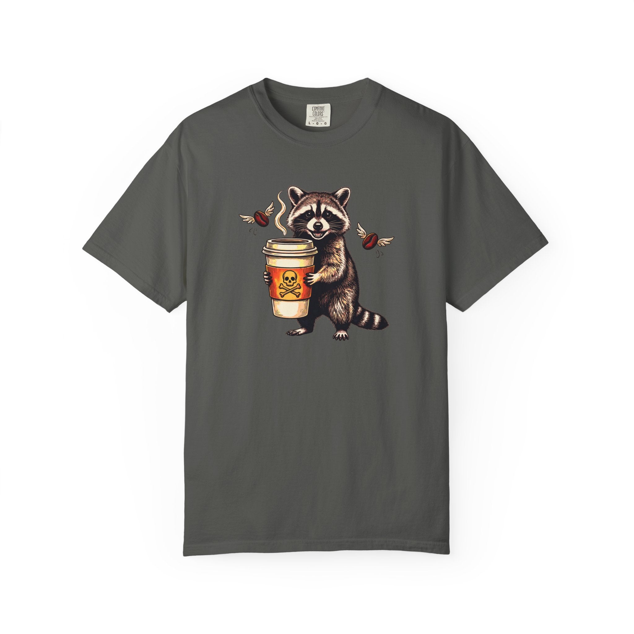 Charcoal grey Comfort Colors unisex t-shirt featuring a graphic of a raccoon holding a coffee cup.
