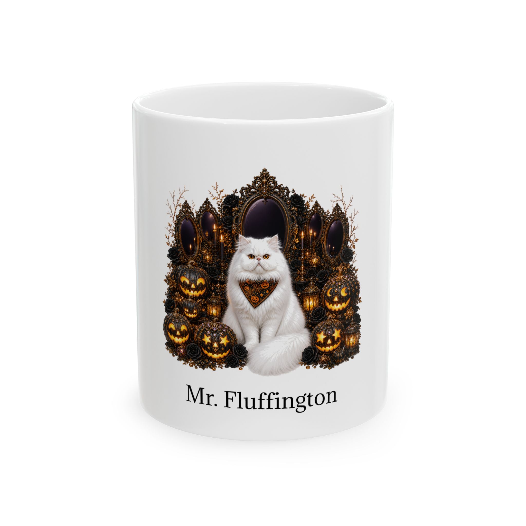 Personalized Persian cat Halloween mug, 11oz white ceramic, with custom pet name on front