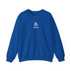 A royal blue crewneck sweatshirt featuring a small white graphic of a smiling coffee cup.