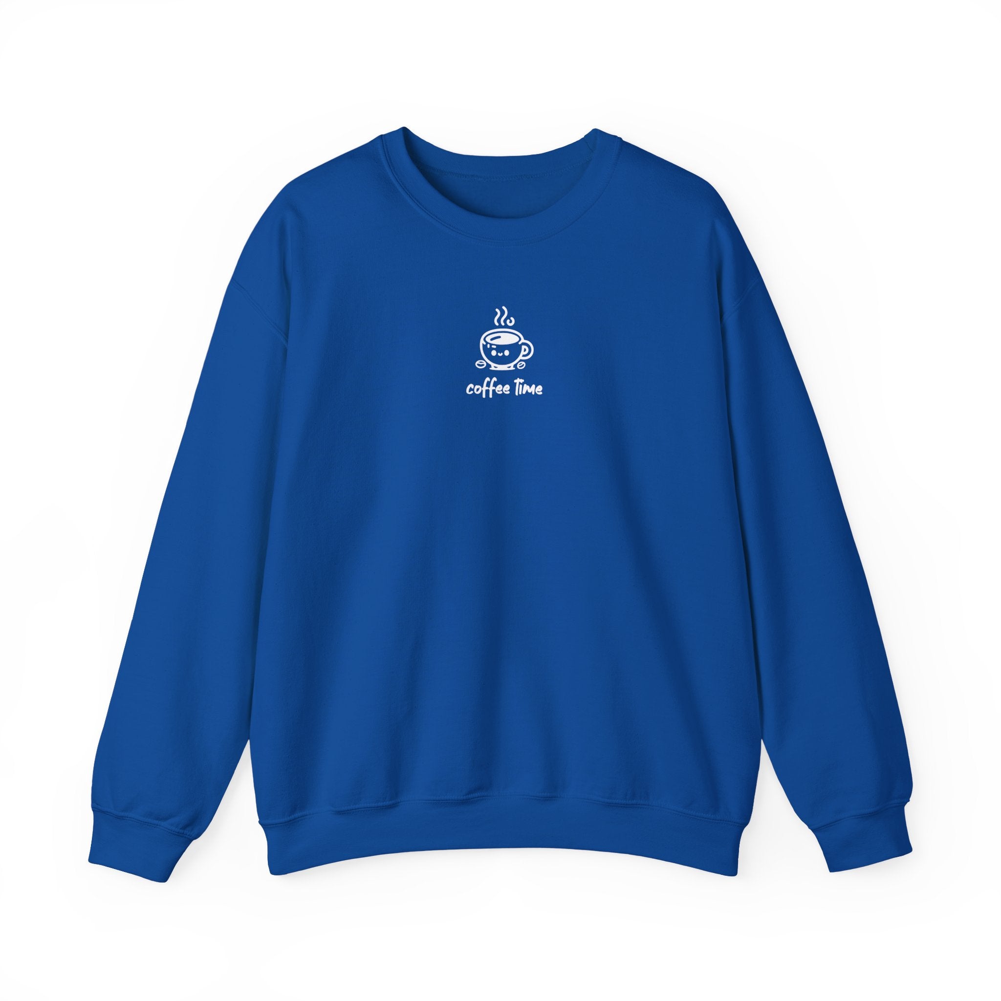 A royal blue crewneck sweatshirt featuring a small white graphic of a smiling coffee cup.