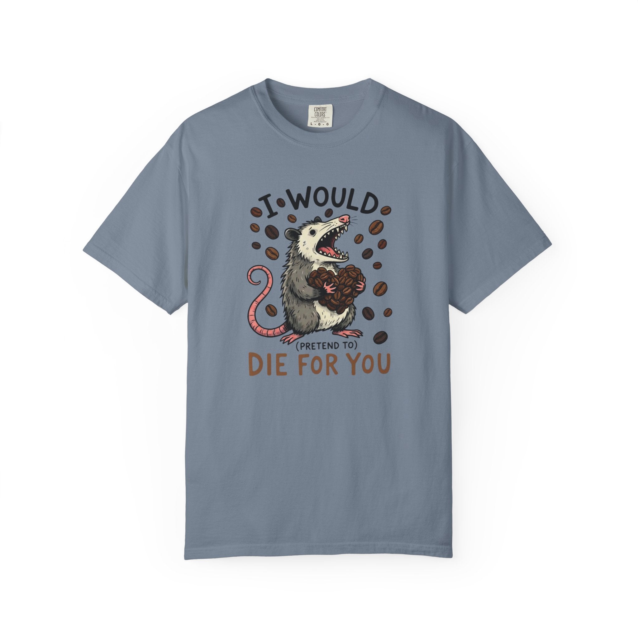 A blue cotton t-shirt featuring a graphic of an opossum holding a heart made of coffee beans.