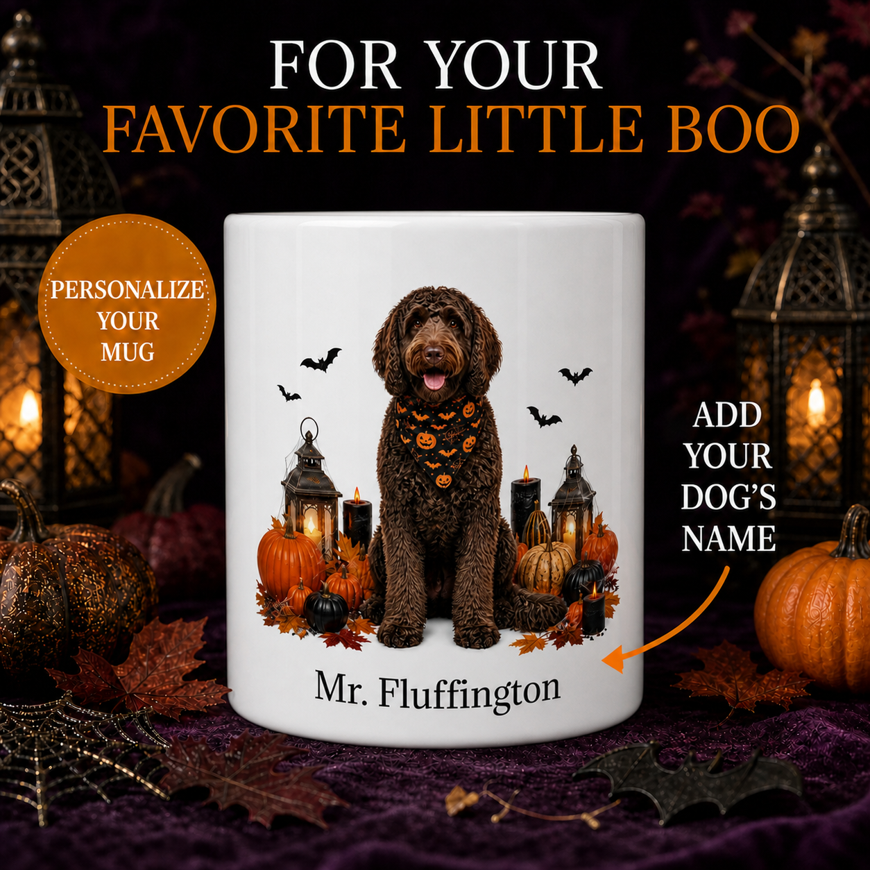 Personalized Labradoodle Dog Mug – Custom Pet Name Halloween Gift – front view with no handle