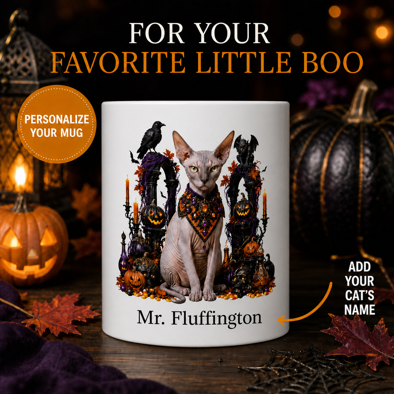 Personalized Sphynx Cat Halloween Mug – Custom Pet Name Gift – front view with no handle