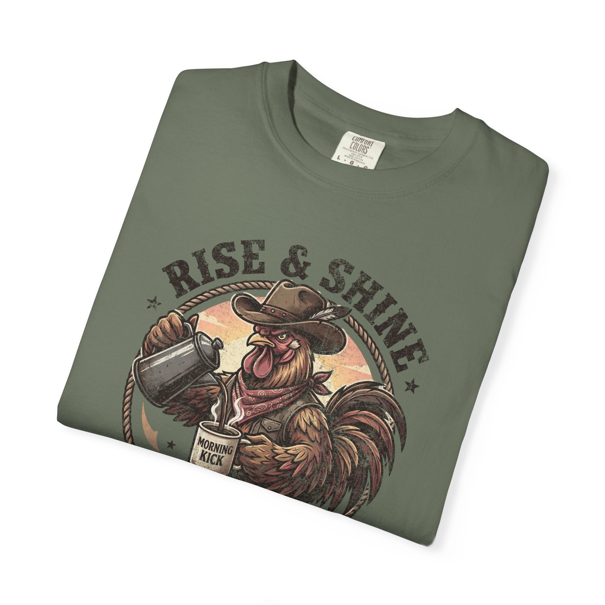 Olive green graphic t-shirt featuring a cowboy rooster pouring coffee into a mug.