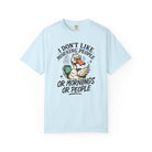 Light blue t-shirt with a graphic of an angry duck holding a coffee mug and humorous text.
