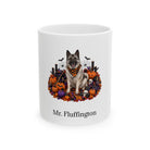 Personalized Norwegian Elkhound dog Halloween mug, 11oz white ceramic, with custom pet name on front