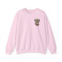 A light pink crewneck sweatshirt featuring a graphic of a stressed coffee mug with the text Help I Need Coffee.