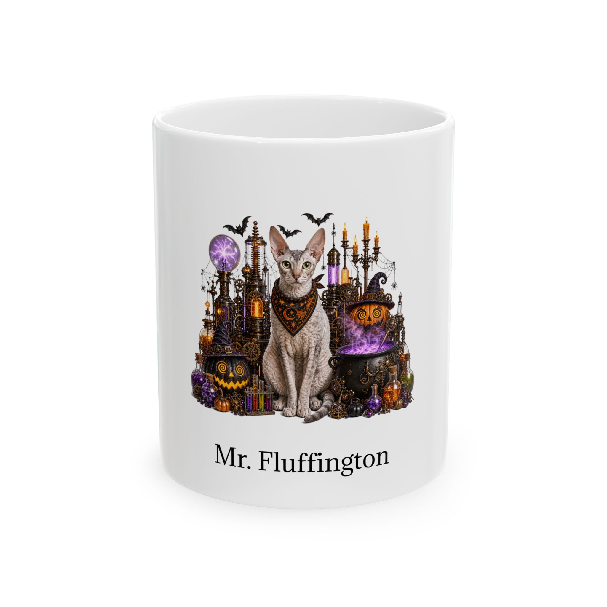 Personalized Cornish Rex cat Halloween mug, 11oz white ceramic, with custom pet name on front