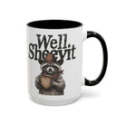 A white ceramic mug with a black handle and rim, featuring a raccoon in a cowboy hat holding a mug.