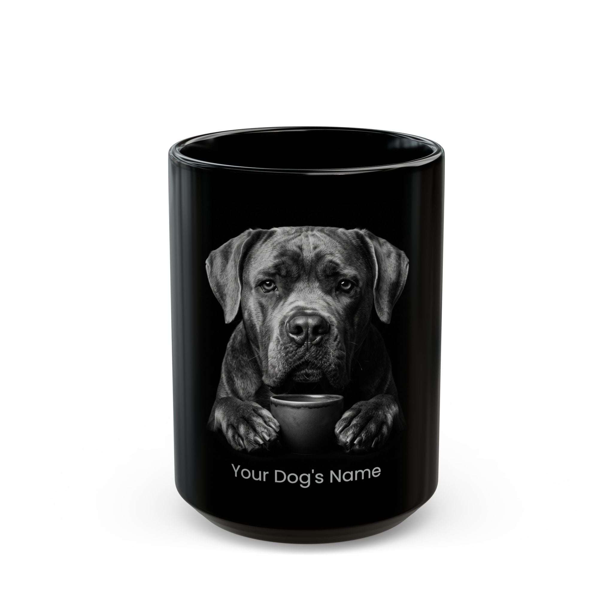Personalized Cane Corso black ceramic coffee mug with custom dog name