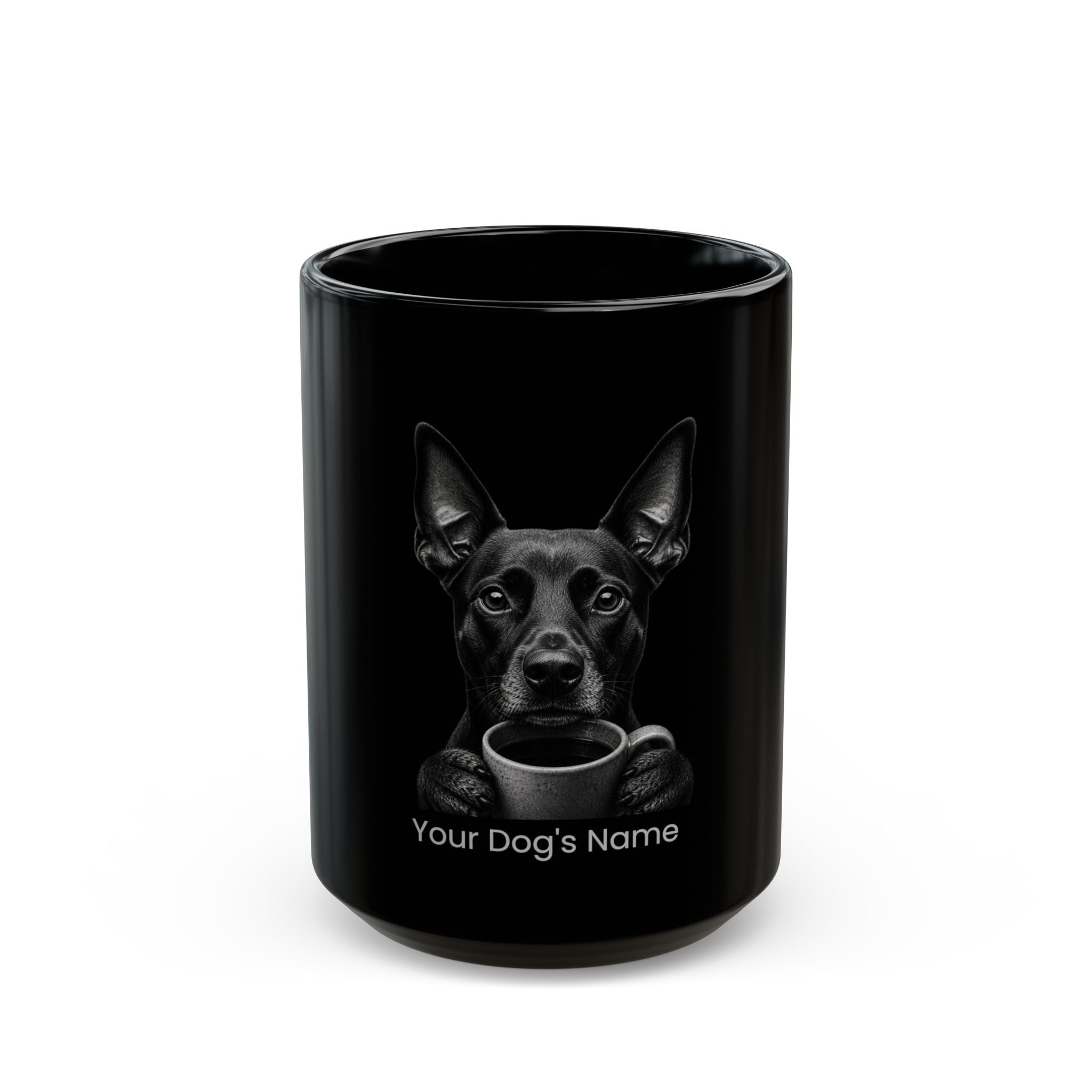 Personalized German Pinscher black ceramic coffee mug with custom dog name